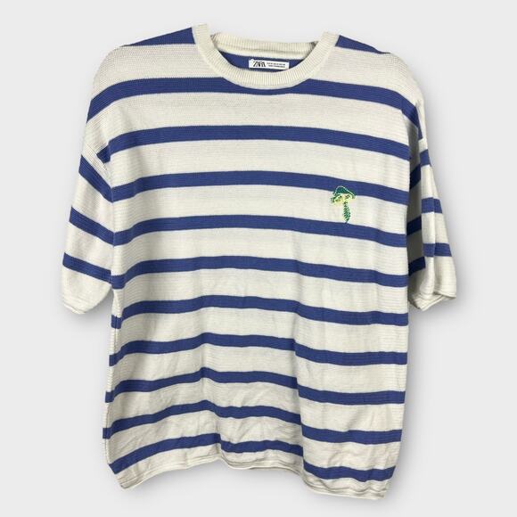 ZARA Knit Sweater Striped Navy And White Crew Neck mushroom applique Medium - Picture 1 of 6